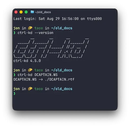 Terminal window showing CTRL-KD version, and conversion of OCAPTAIN.WS to an RTF file