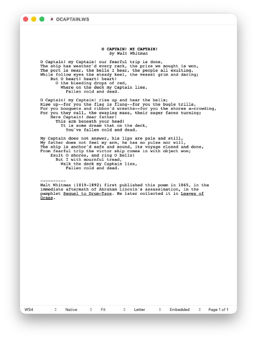 Full text of Walt Whitman's O Captain My Captain poem in a OS window